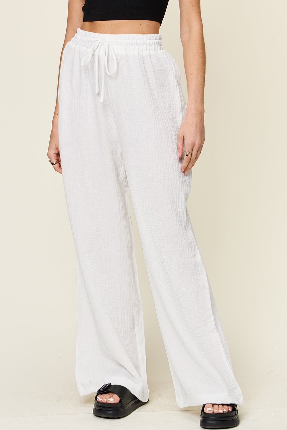 Double Take Full Size Texture Drawstring Wide Leg Pants - Admiresty