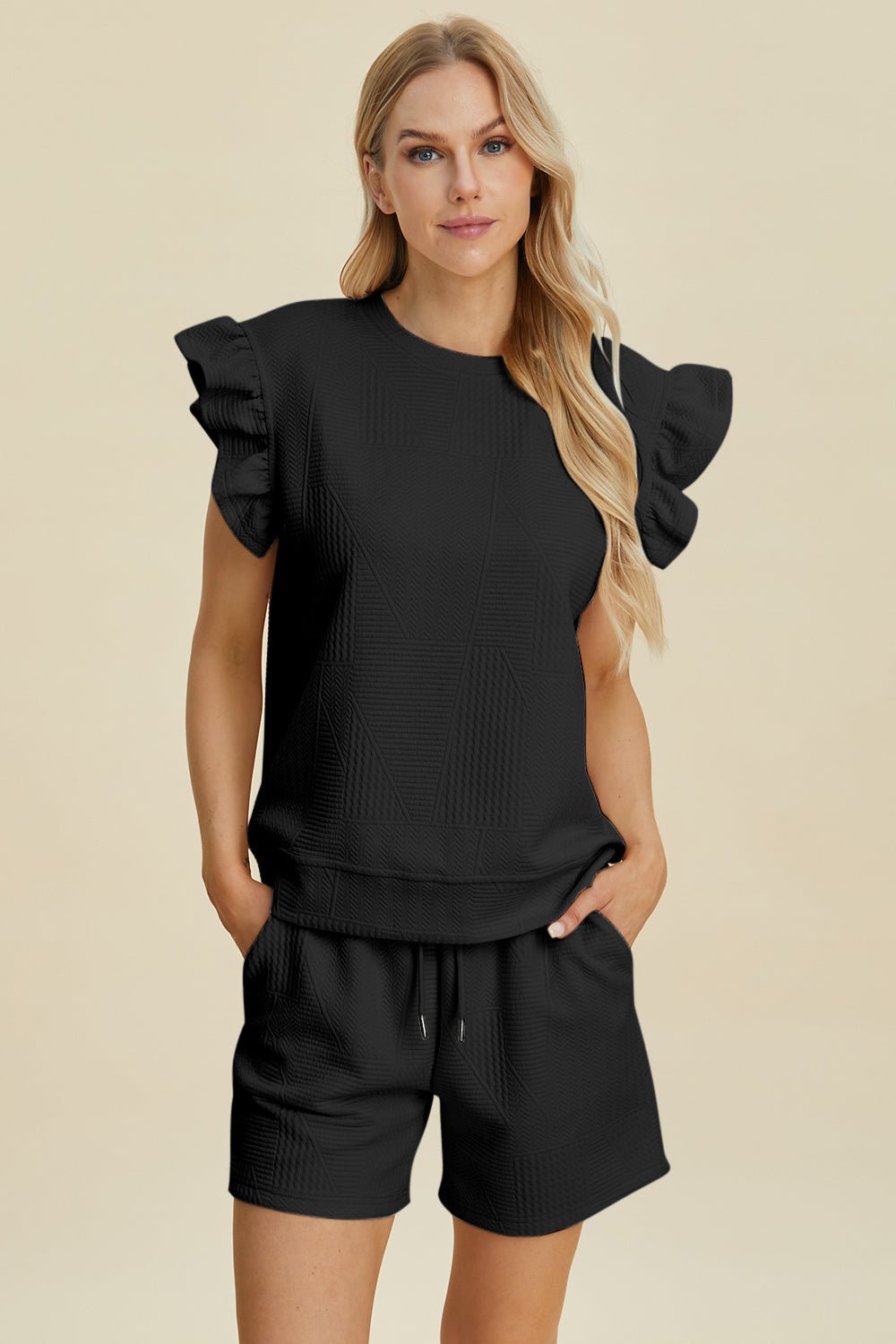 Double Take Full Size Texture Round Neck Ruffle Sleeve Top and Shorts Set - Admiresty