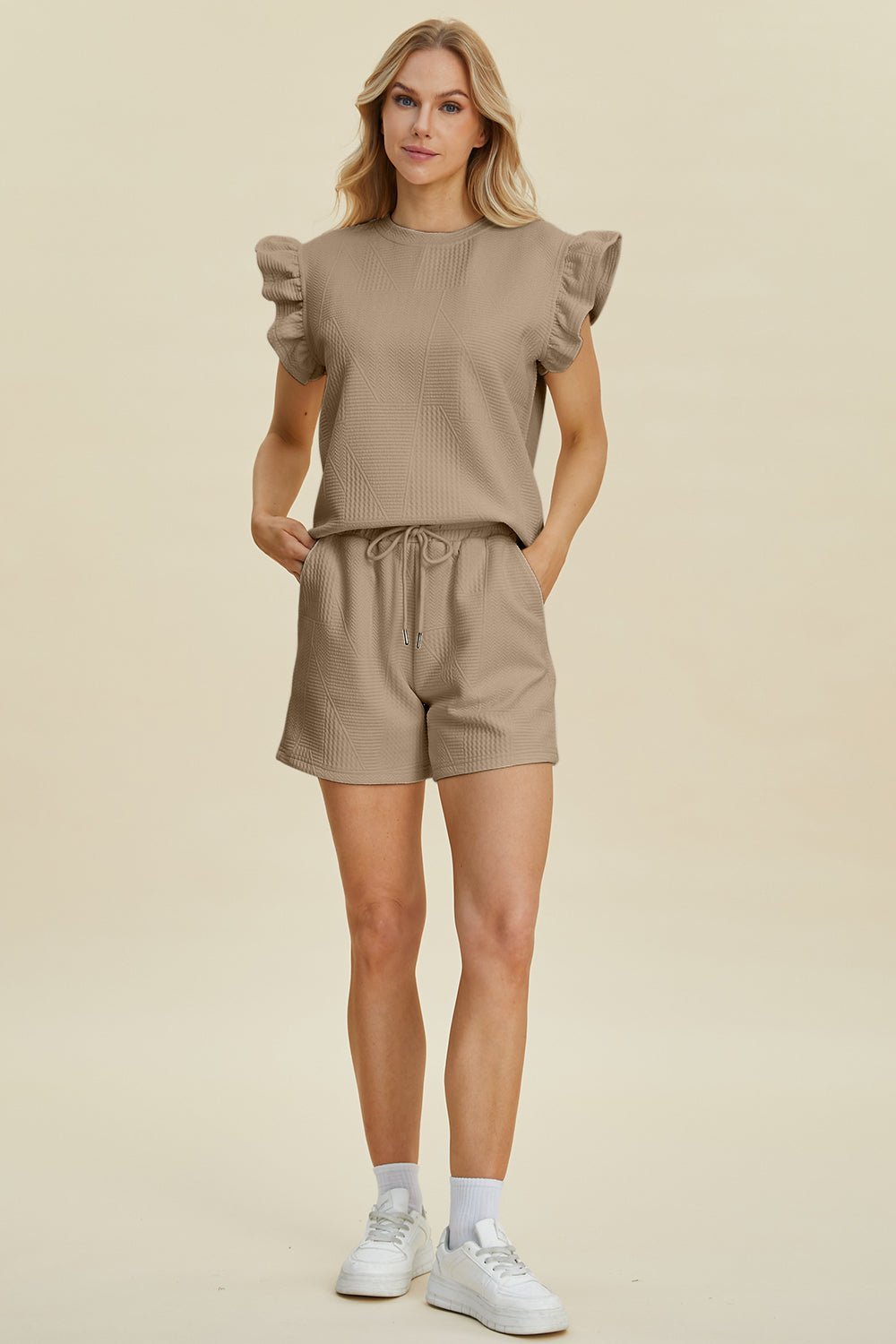 Double Take Full Size Texture Round Neck Ruffle Sleeve Top and Shorts Set - Admiresty