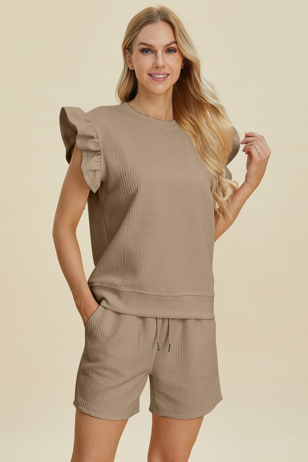 Double Take Full Size Texture Round Neck Ruffle Sleeve Top and Shorts Set - Admiresty