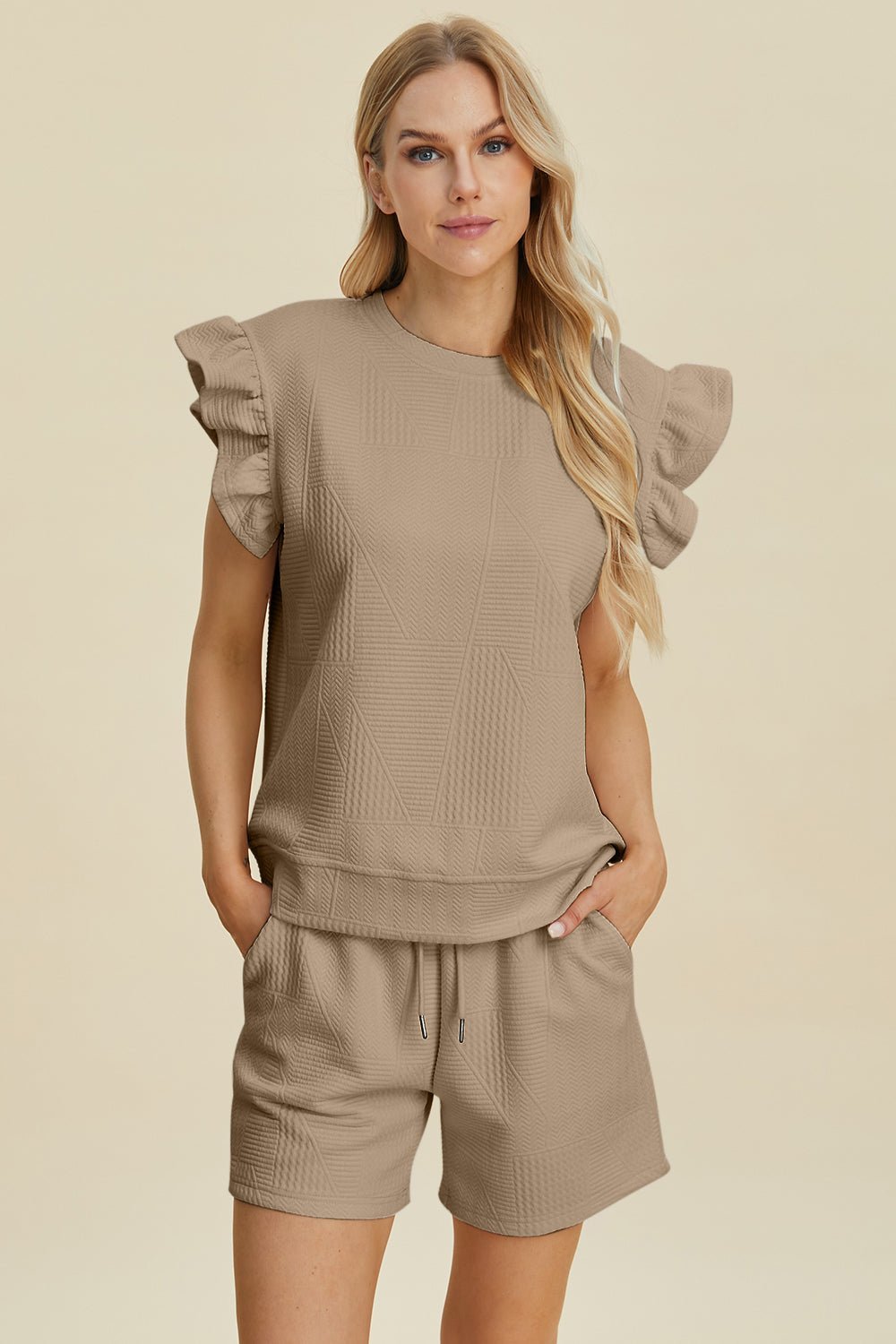 Double Take Full Size Texture Round Neck Ruffle Sleeve Top and Shorts Set - Admiresty