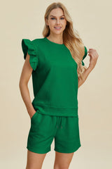 Double Take Full Size Texture Round Neck Ruffle Sleeve Top and Shorts Set - Admiresty