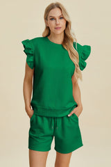 Double Take Full Size Texture Round Neck Ruffle Sleeve Top and Shorts Set - Admiresty