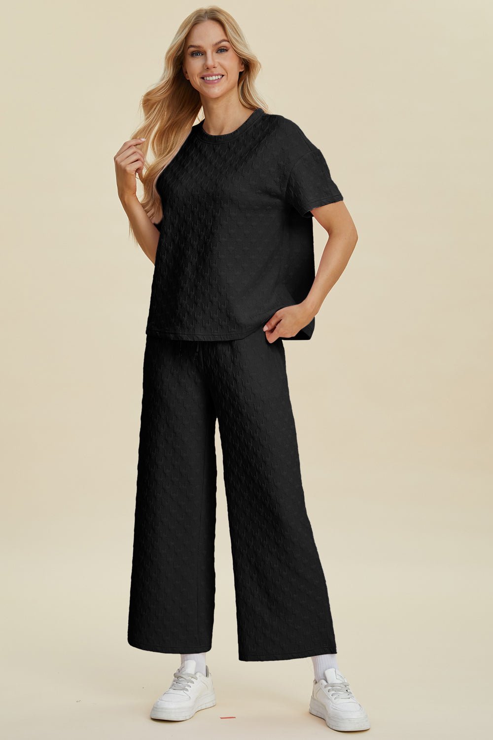 Double Take Full Size Texture Round Neck Short Sleeve Top and Pants Set - Admiresty