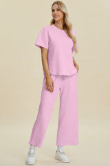 Double Take Full Size Texture Round Neck Short Sleeve Top and Pants Set - Admiresty