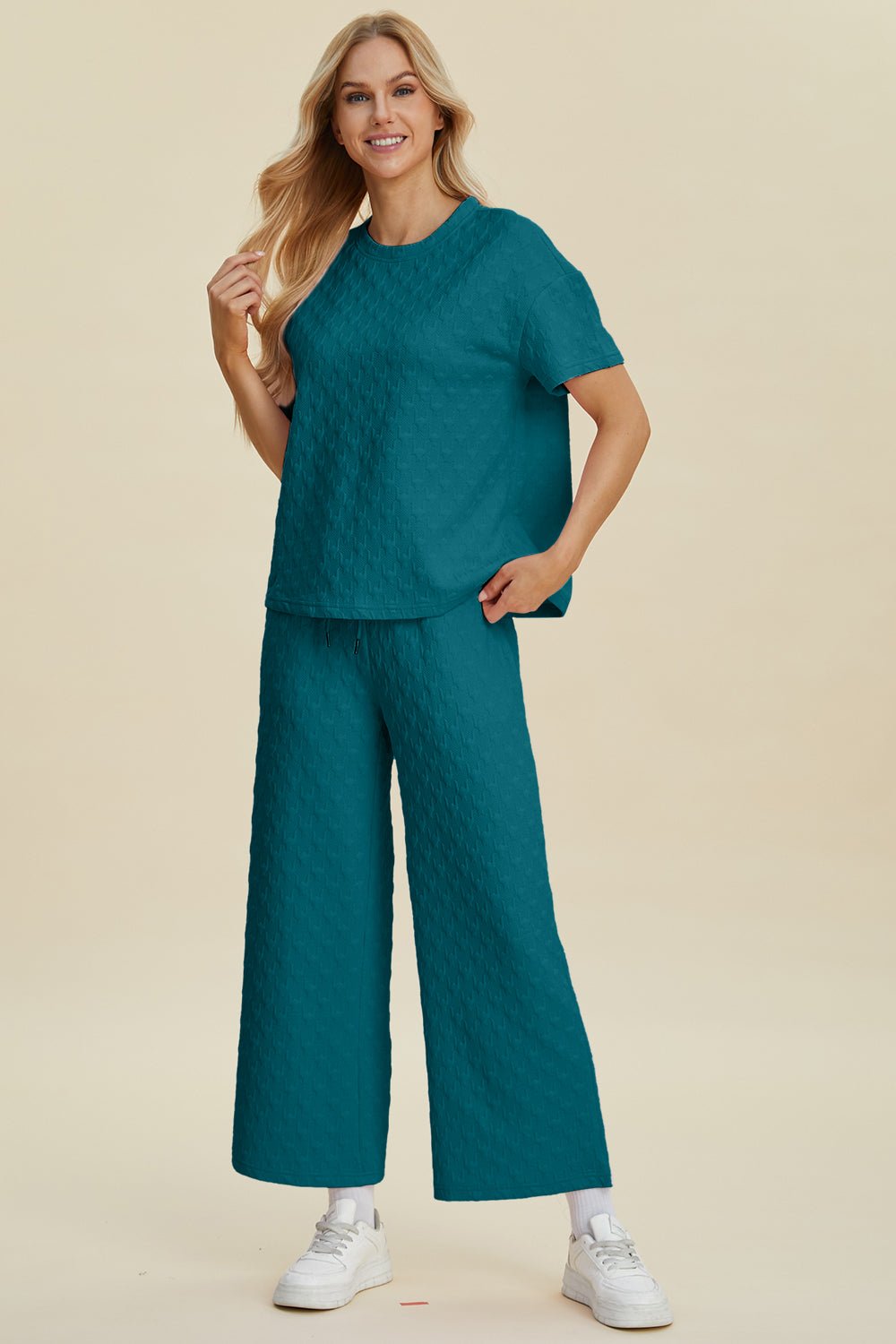 Double Take Full Size Texture Round Neck Short Sleeve Top and Pants Set - Admiresty