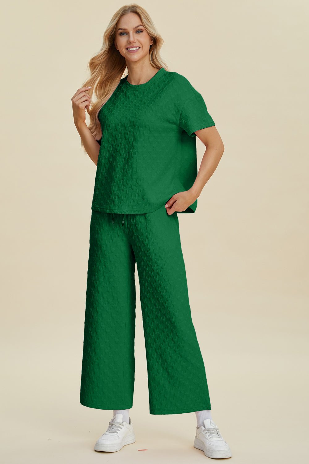 Double Take Full Size Texture Round Neck Short Sleeve Top and Pants Set - Admiresty