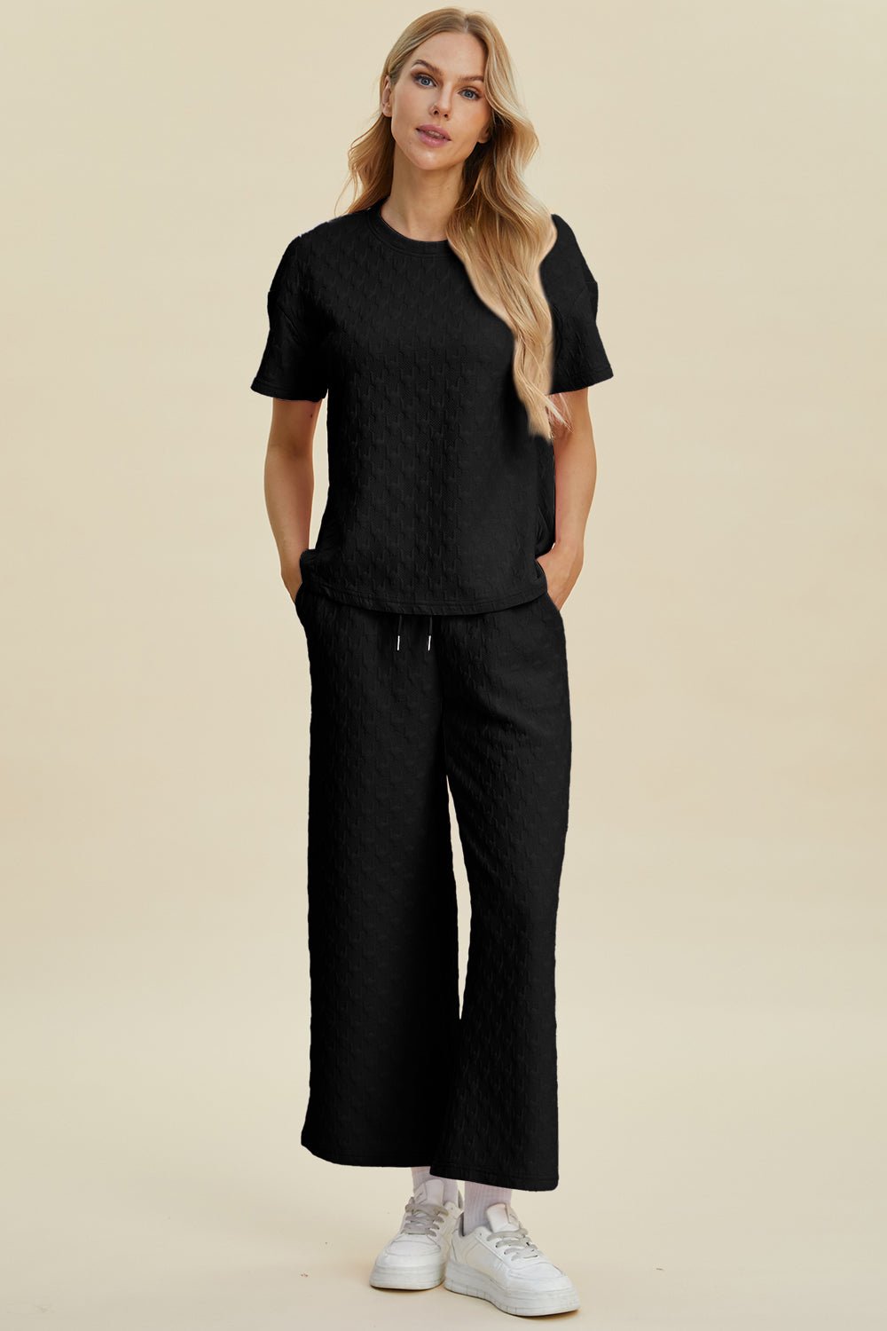 Double Take Full Size Texture Round Neck Short Sleeve Top and Pants Set - Admiresty