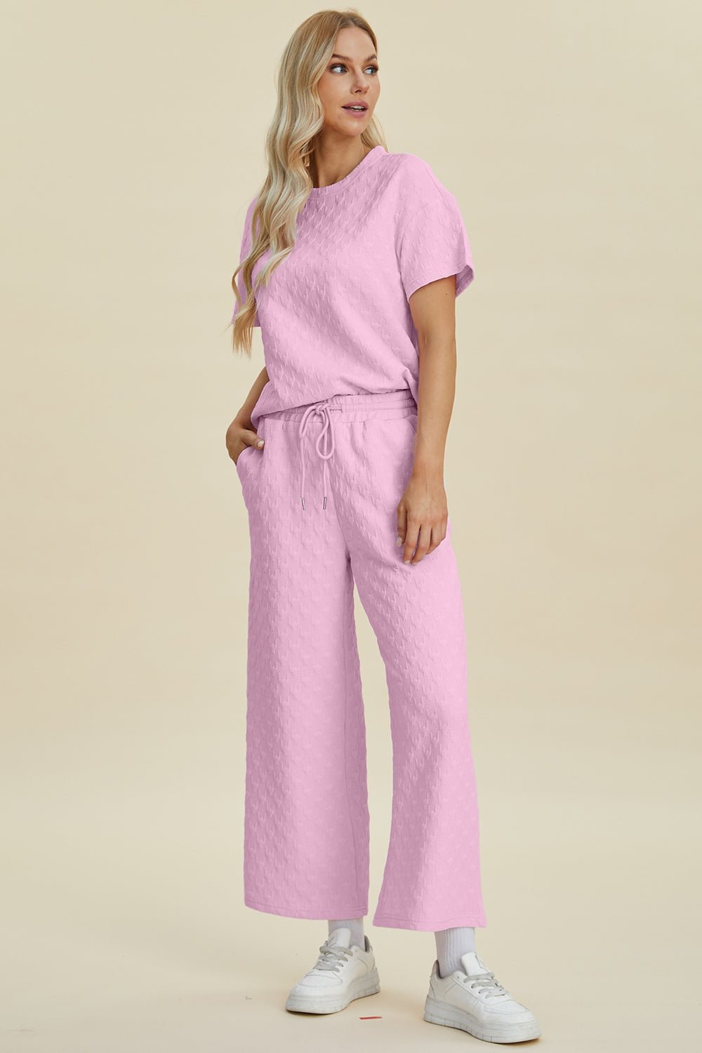 Double Take Full Size Texture Round Neck Short Sleeve Top and Pants Set - Admiresty