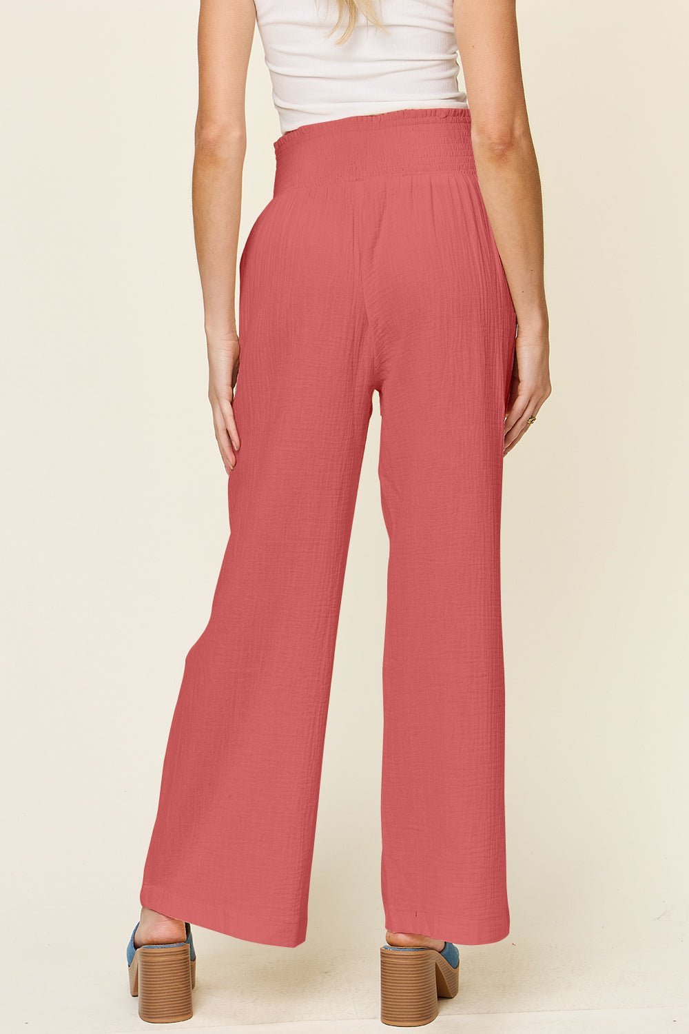 Double Take Full Size Texture Smocked Waist Wide Leg Pants - Admiresty