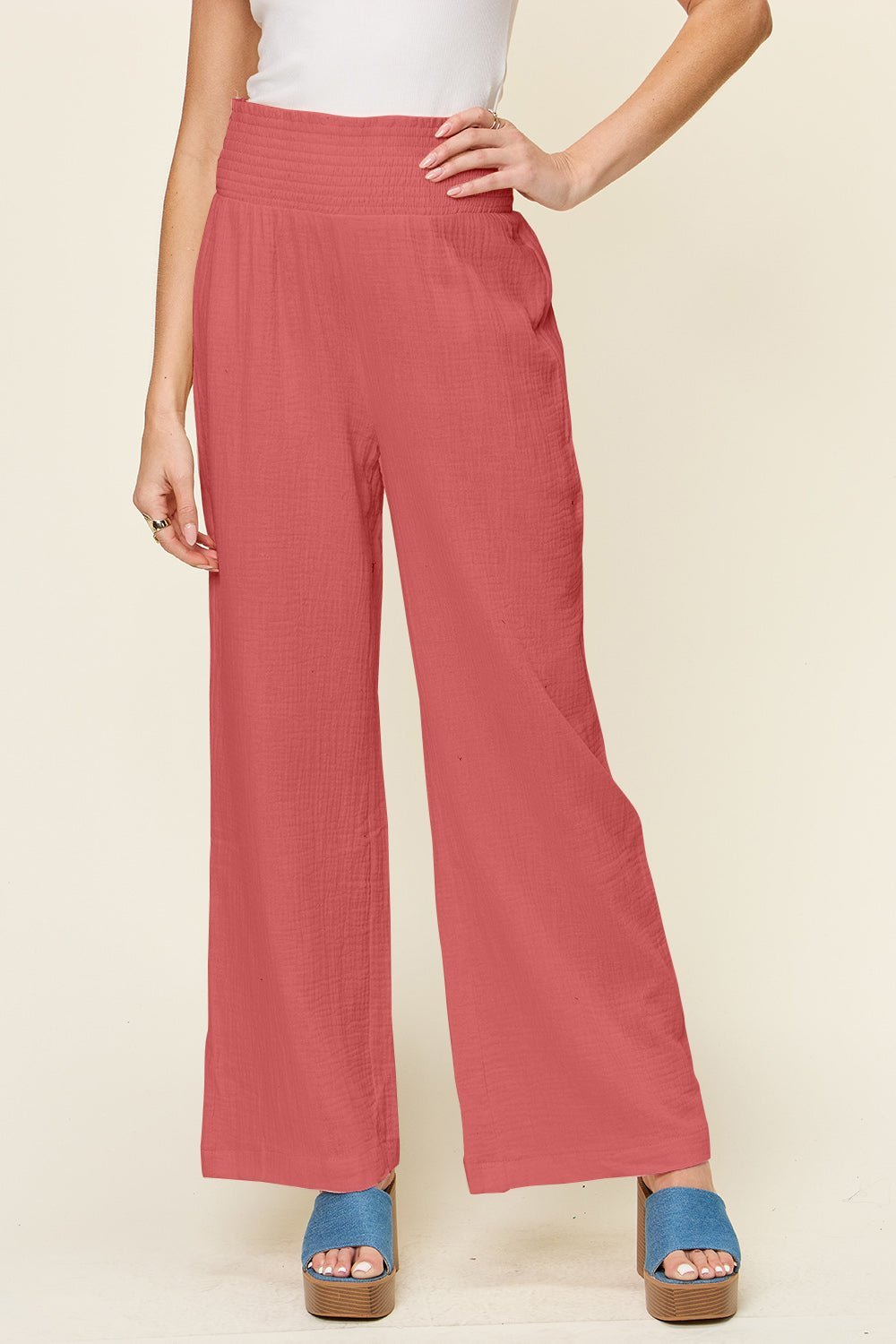 Double Take Full Size Texture Smocked Waist Wide Leg Pants - Admiresty