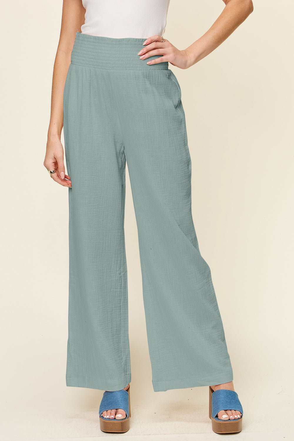 Double Take Full Size Texture Smocked Waist Wide Leg Pants - Admiresty