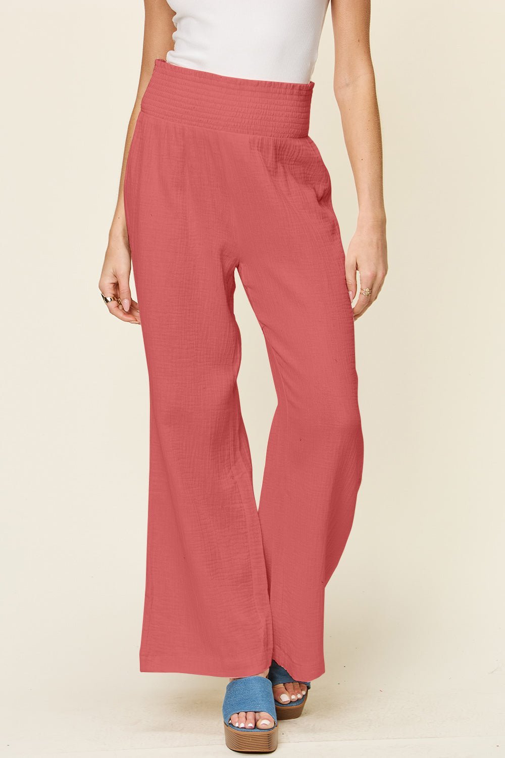 Double Take Full Size Texture Smocked Waist Wide Leg Pants - Admiresty