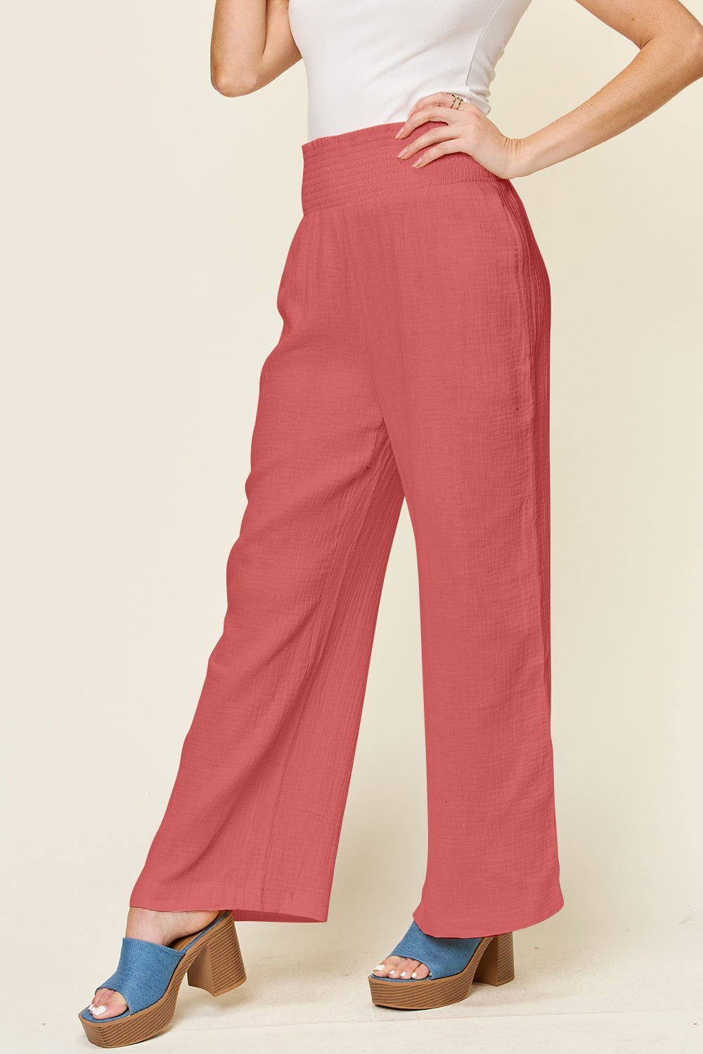 Double Take Full Size Texture Smocked Waist Wide Leg Pants - Admiresty