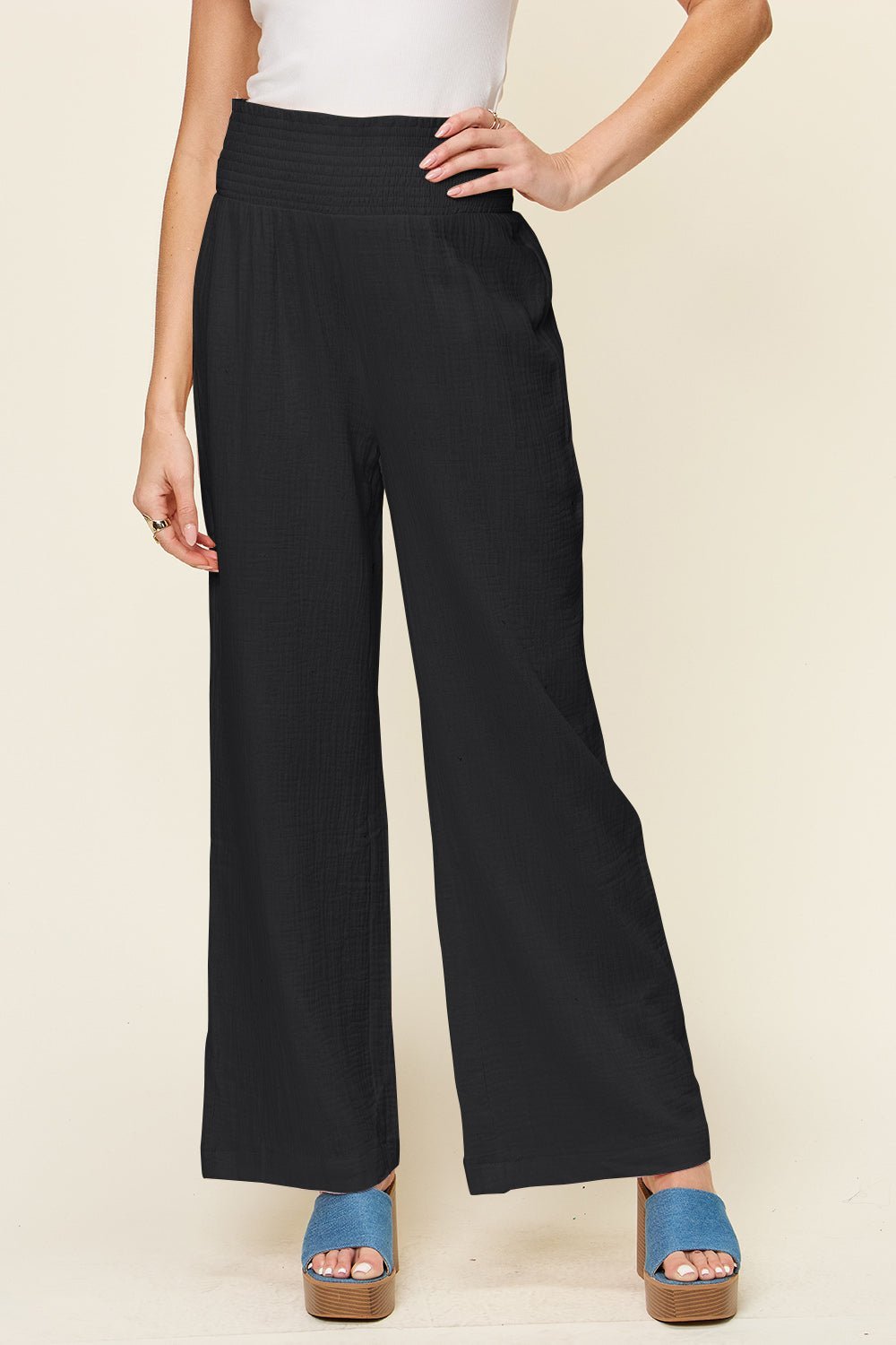 Double Take Full Size Texture Smocked Waist Wide Leg Pants - Admiresty