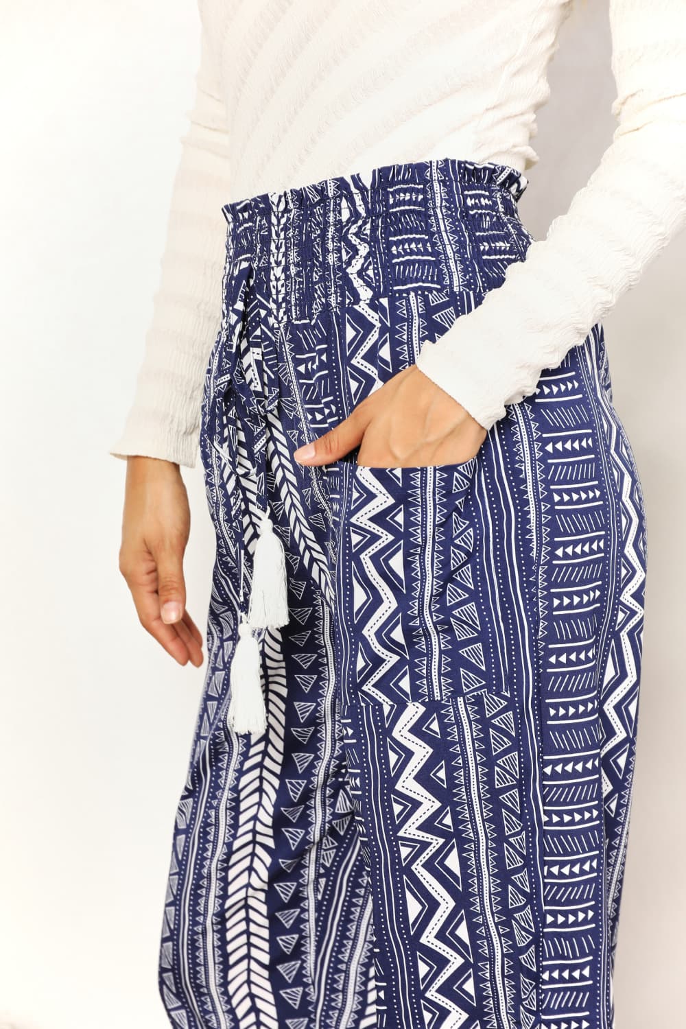 Double Take Geometric Print Tassel High - Rise Pants - Admiresty