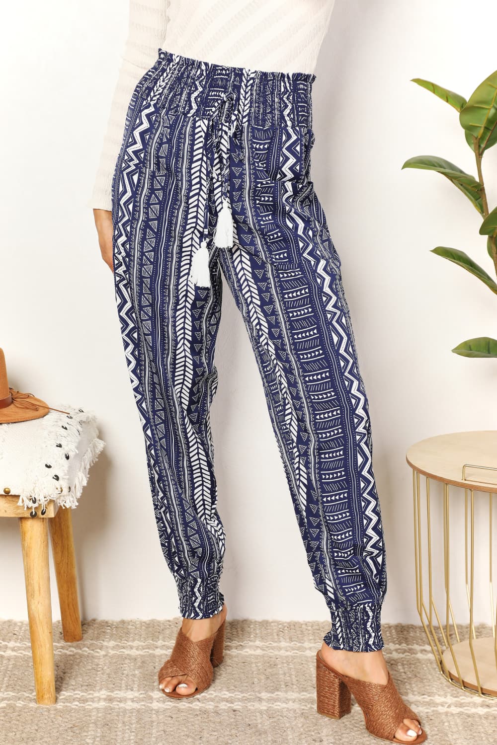 Double Take Geometric Print Tassel High - Rise Pants - Admiresty