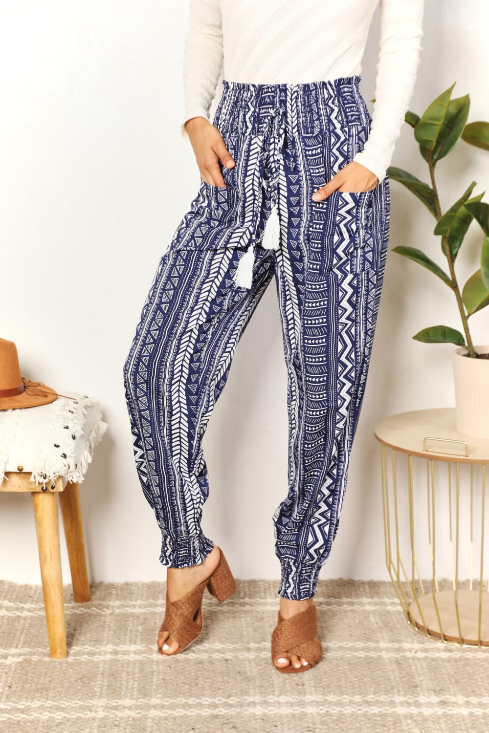 Double Take Geometric Print Tassel High - Rise Pants - Admiresty