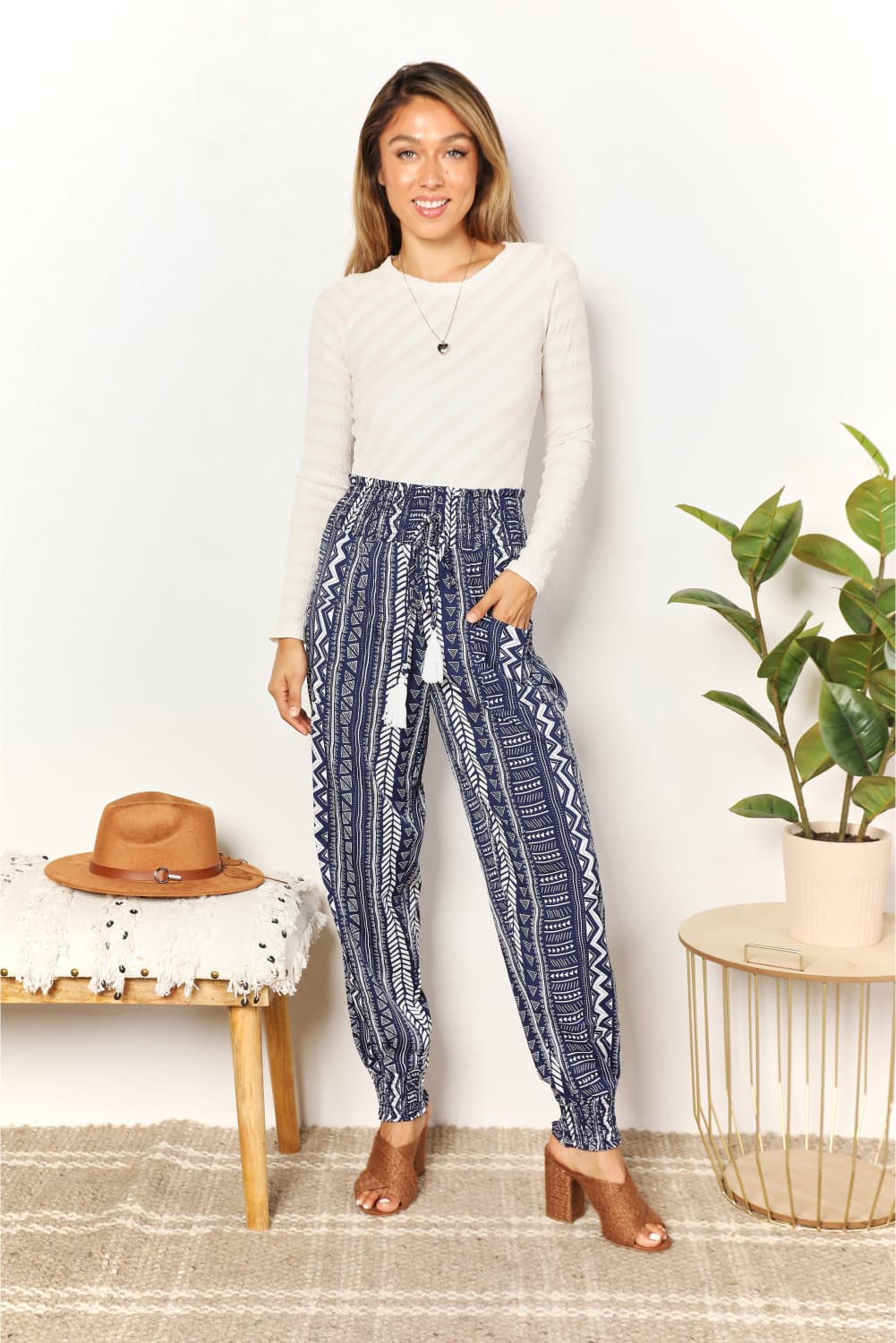 Double Take Geometric Print Tassel High - Rise Pants - Admiresty