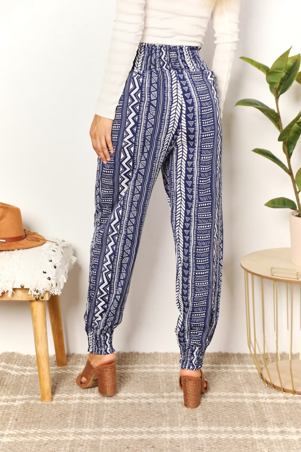 Double Take Geometric Print Tassel High - Rise Pants - Admiresty