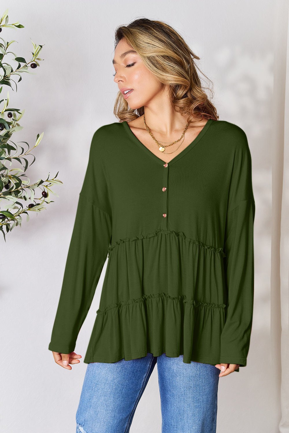 Double Take Half Button Long Sleeve Ruffle Hem Blouse - Admiresty