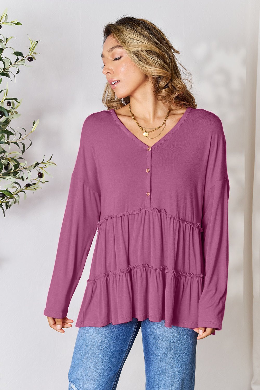 Double Take Half Button Long Sleeve Ruffle Hem Blouse - Admiresty