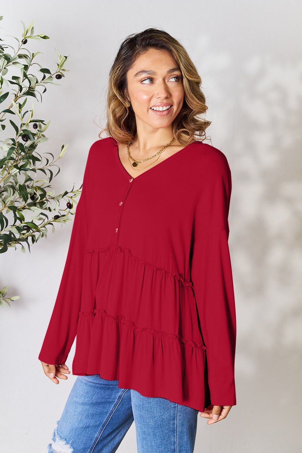 Double Take Half Button Long Sleeve Ruffle Hem Blouse - Admiresty