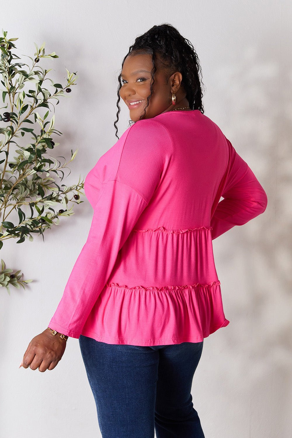 Double Take Half Button Long Sleeve Ruffle Hem Blouse - Admiresty