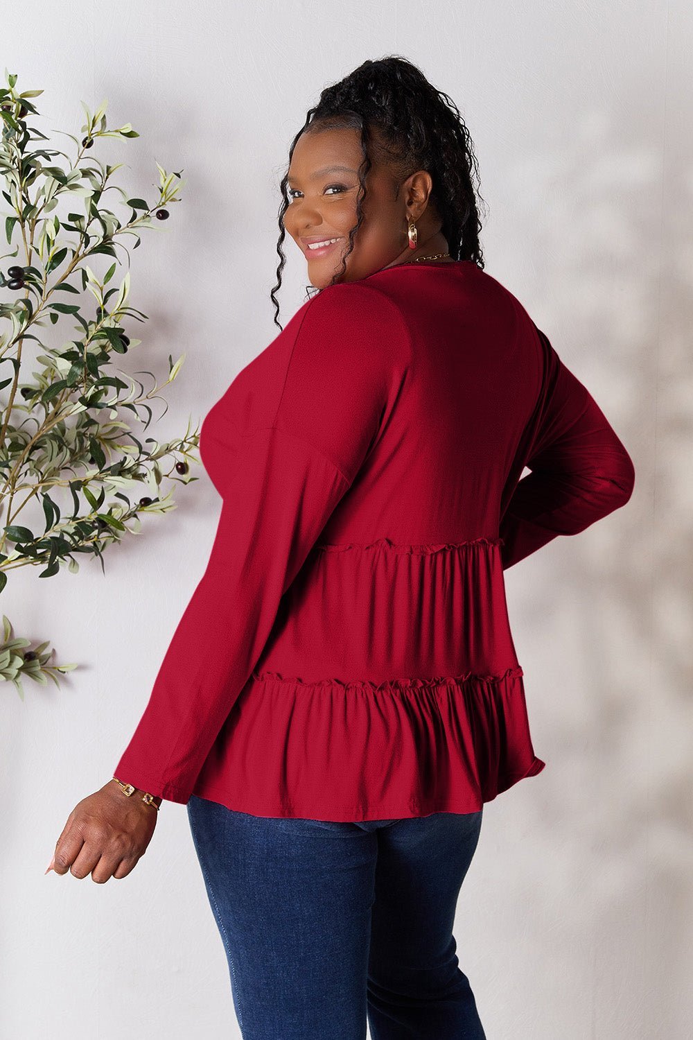 Double Take Half Button Long Sleeve Ruffle Hem Blouse - Admiresty