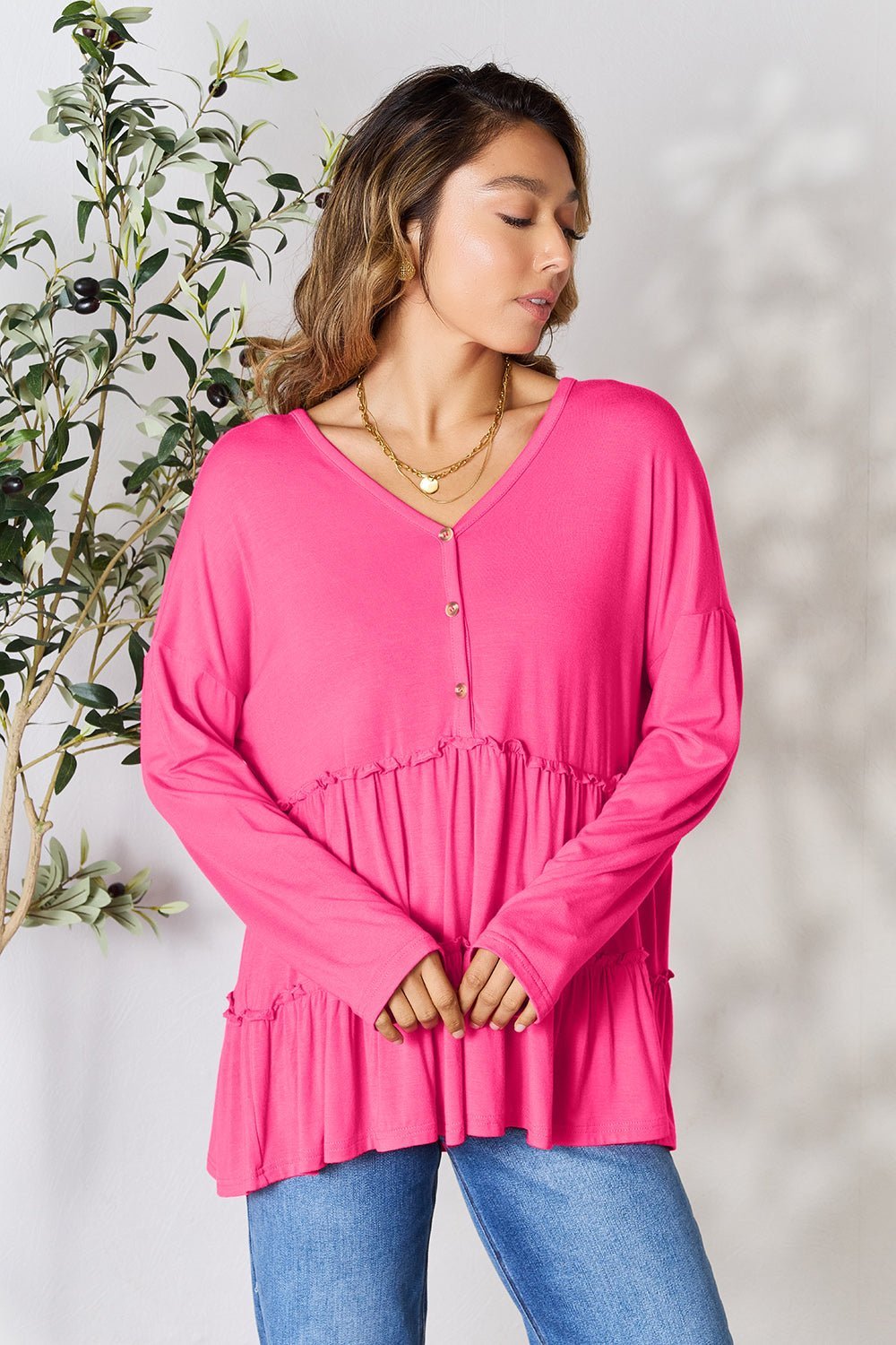 Double Take Half Button Long Sleeve Ruffle Hem Blouse - Admiresty