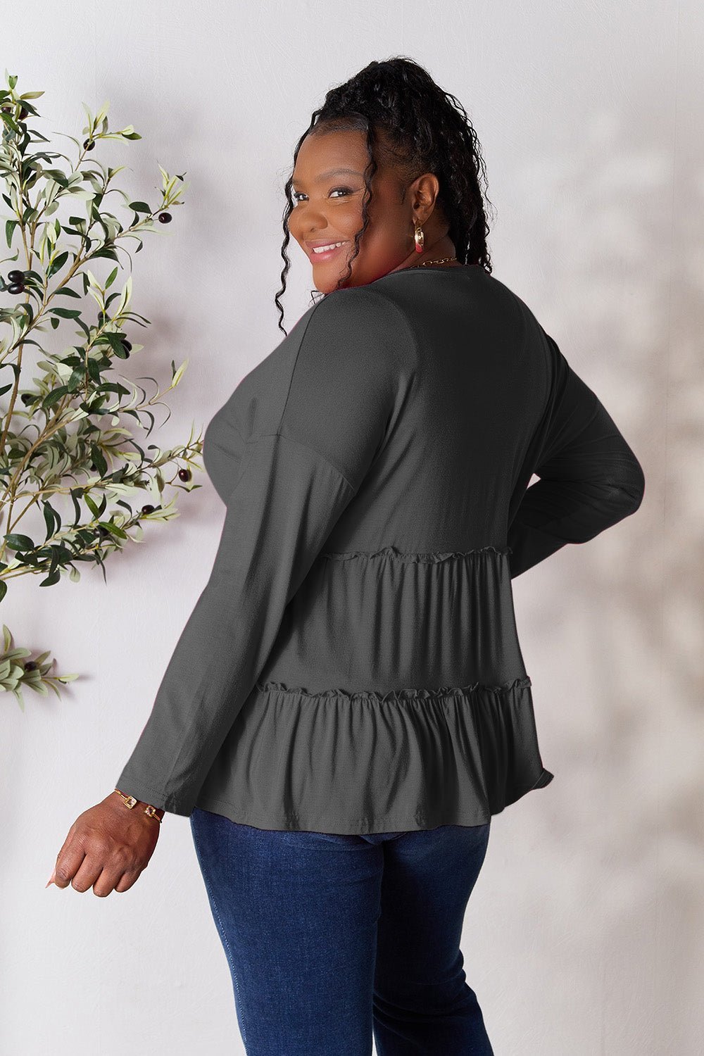 Double Take Half Button Long Sleeve Ruffle Hem Blouse - Admiresty