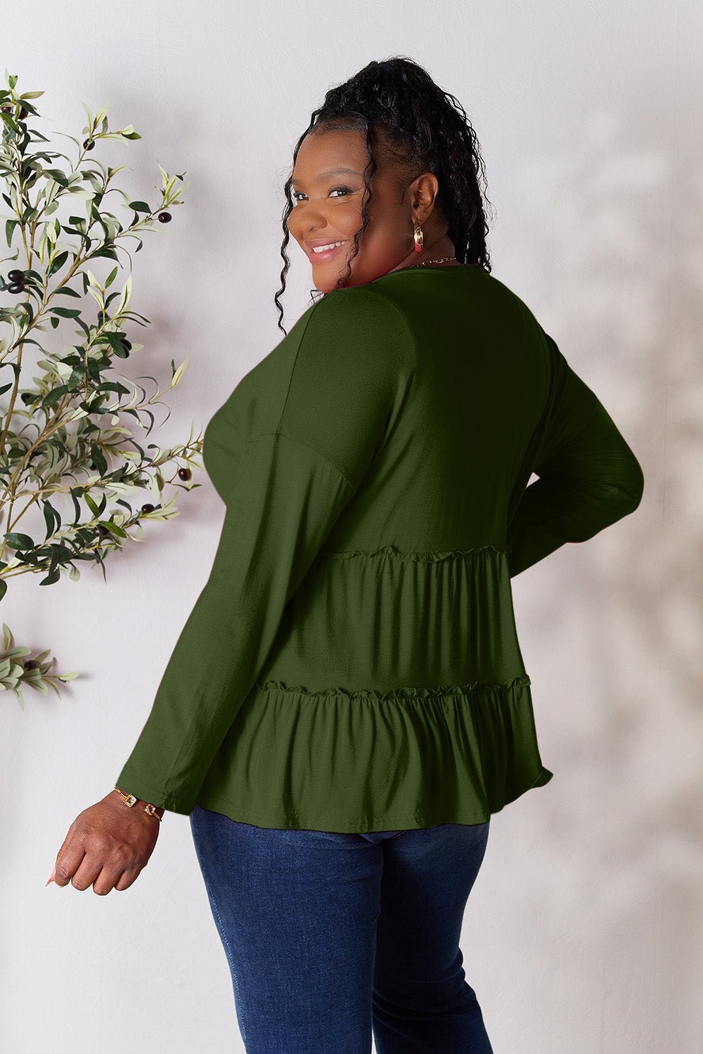 Double Take Half Button Long Sleeve Ruffle Hem Blouse - Admiresty