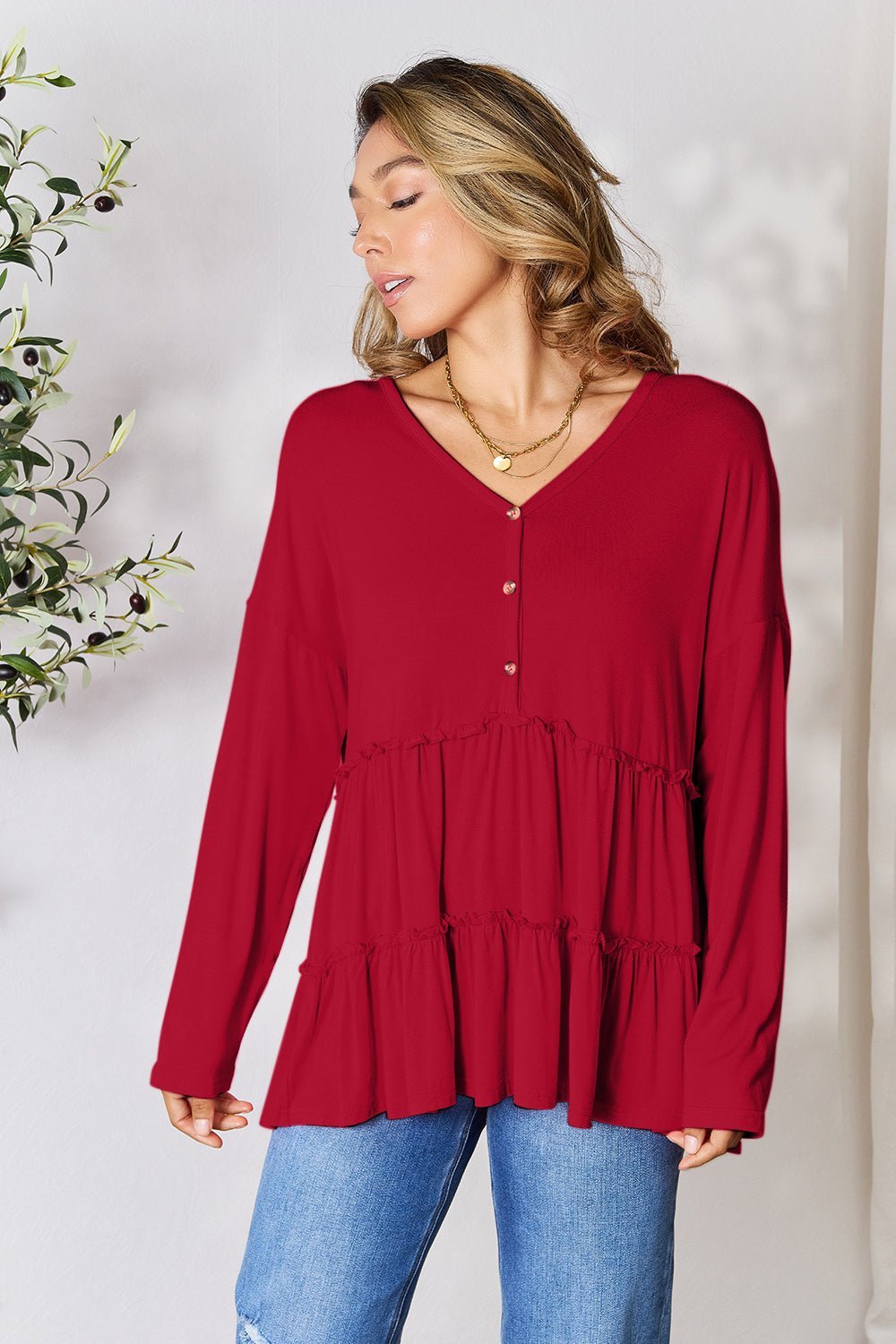 Double Take Half Button Long Sleeve Ruffle Hem Blouse - Admiresty