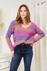 Double Take Multicolored Rib - Knit V - Neck Knit Pullover - Admiresty