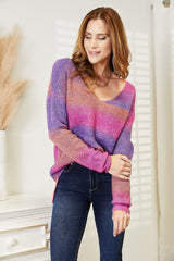 Double Take Multicolored Rib - Knit V - Neck Knit Pullover - Admiresty