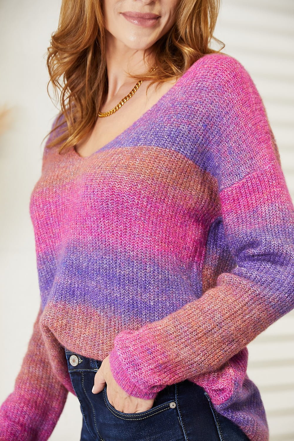 Double Take Multicolored Rib - Knit V - Neck Knit Pullover - Admiresty