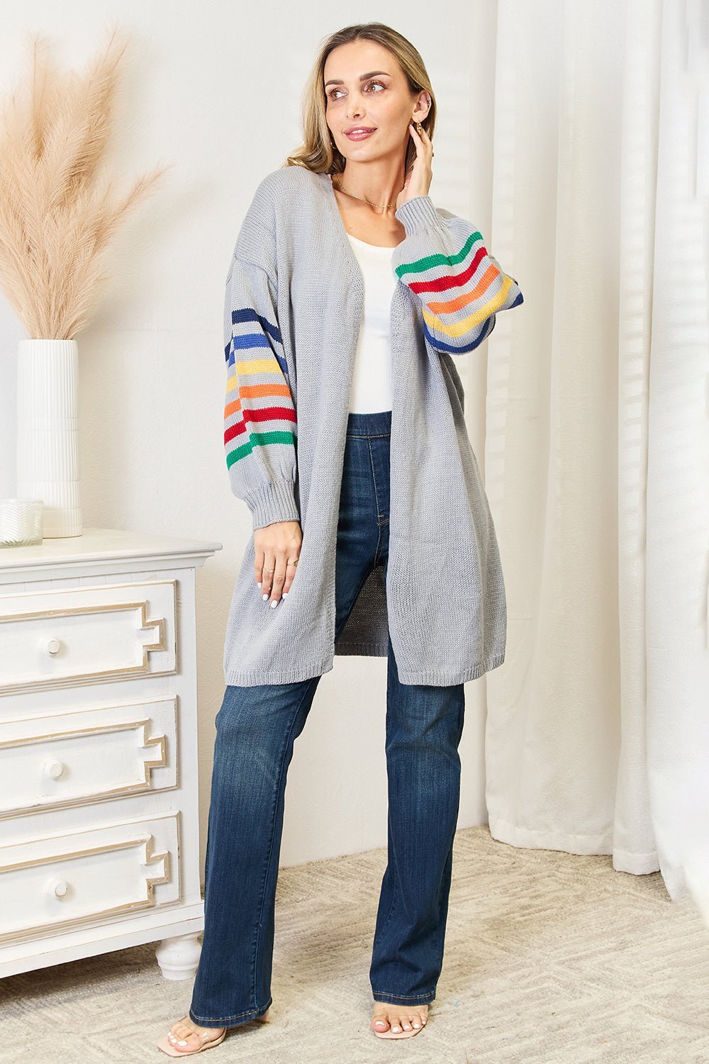 Double Take Multicolored Stripe Open Front Longline Cardigan - Admiresty