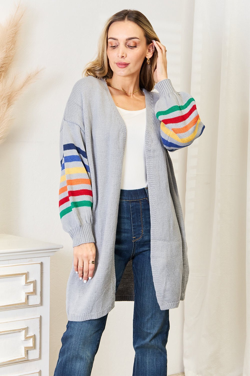 Double Take Multicolored Stripe Open Front Longline Cardigan - Admiresty