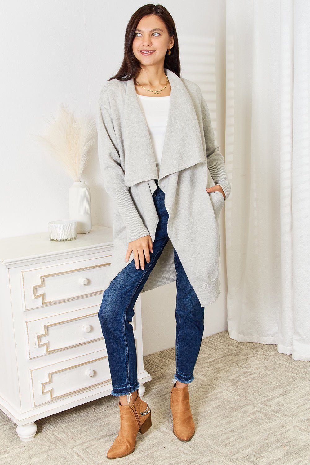 Double Take Open Front Duster Cardigan with Pockets - Admiresty