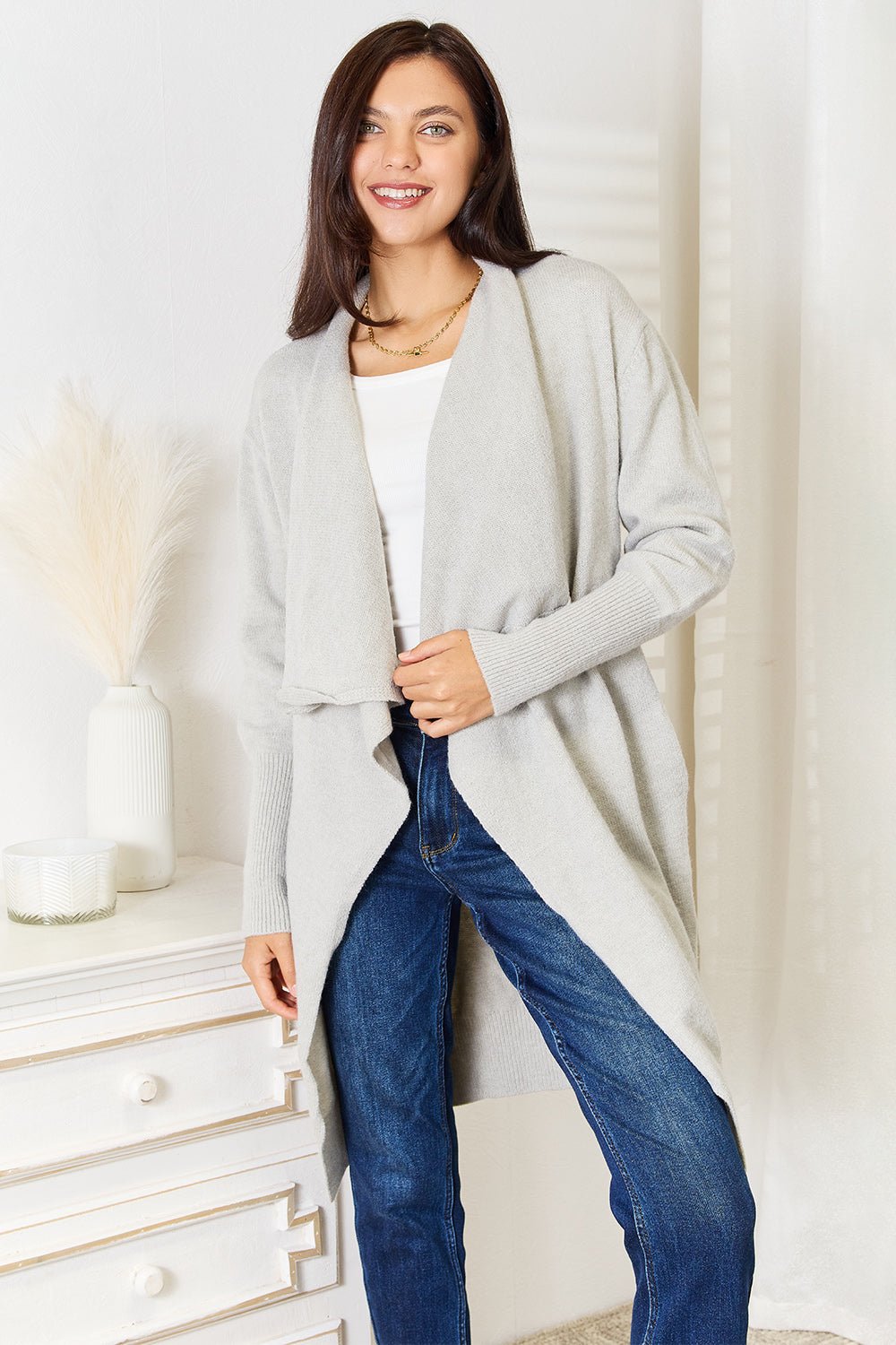 Double Take Open Front Duster Cardigan with Pockets - Admiresty