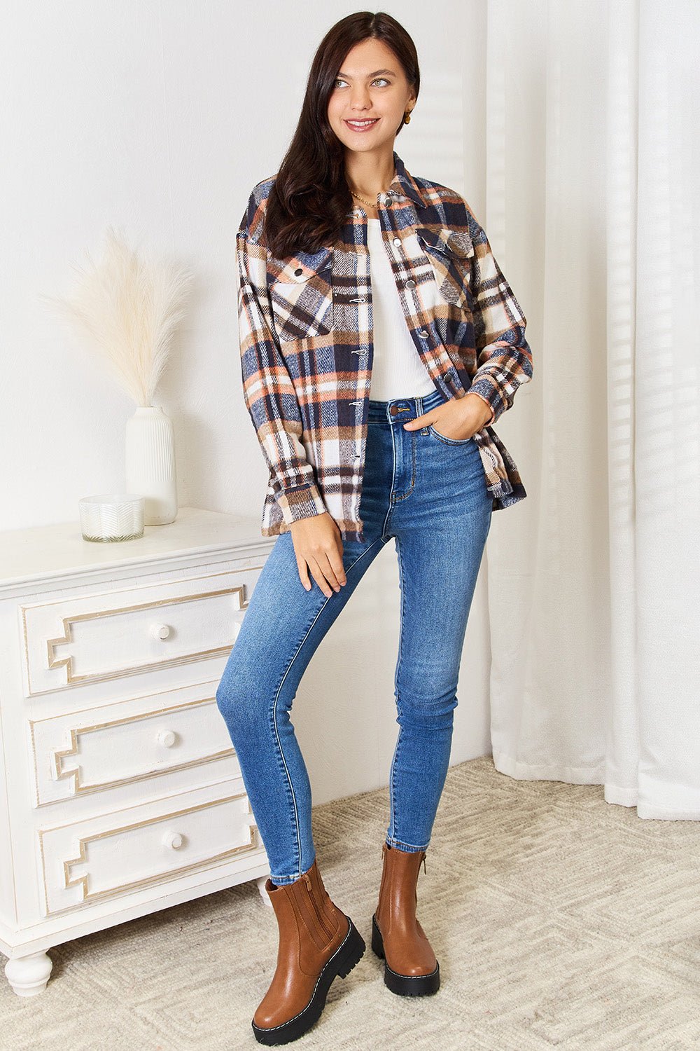 Double Take Plaid Button Front Shirt Jacket with Breast Pockets - Admiresty