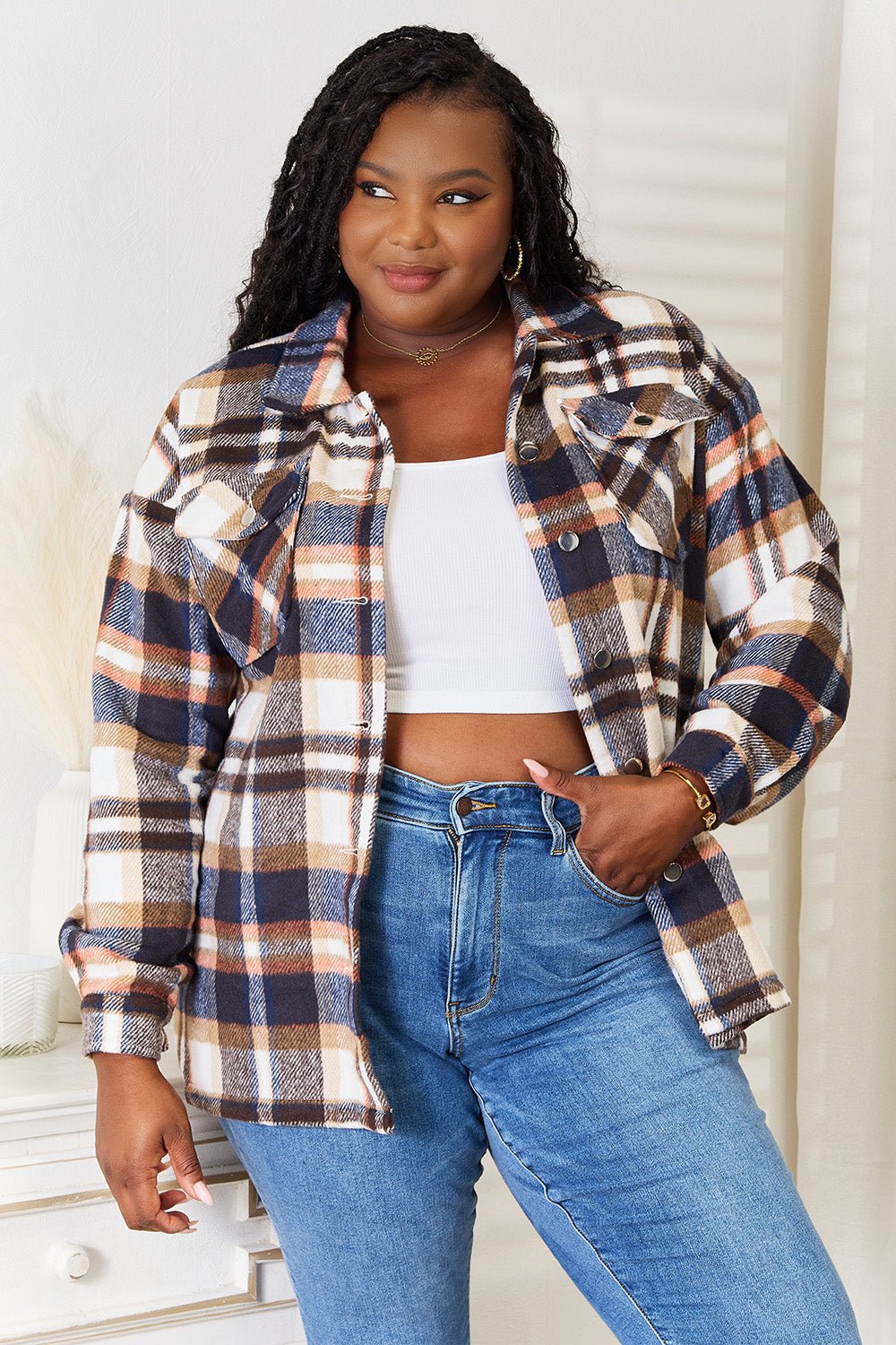 Double Take Plaid Button Front Shirt Jacket with Breast Pockets - Admiresty