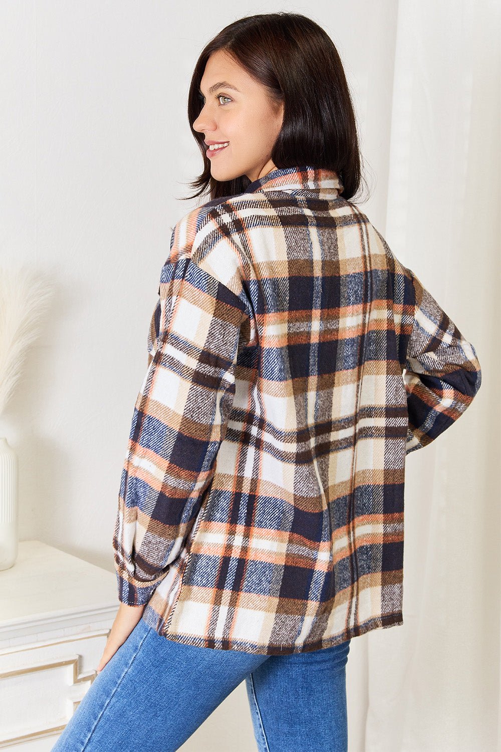 Double Take Plaid Button Front Shirt Jacket with Breast Pockets - Admiresty