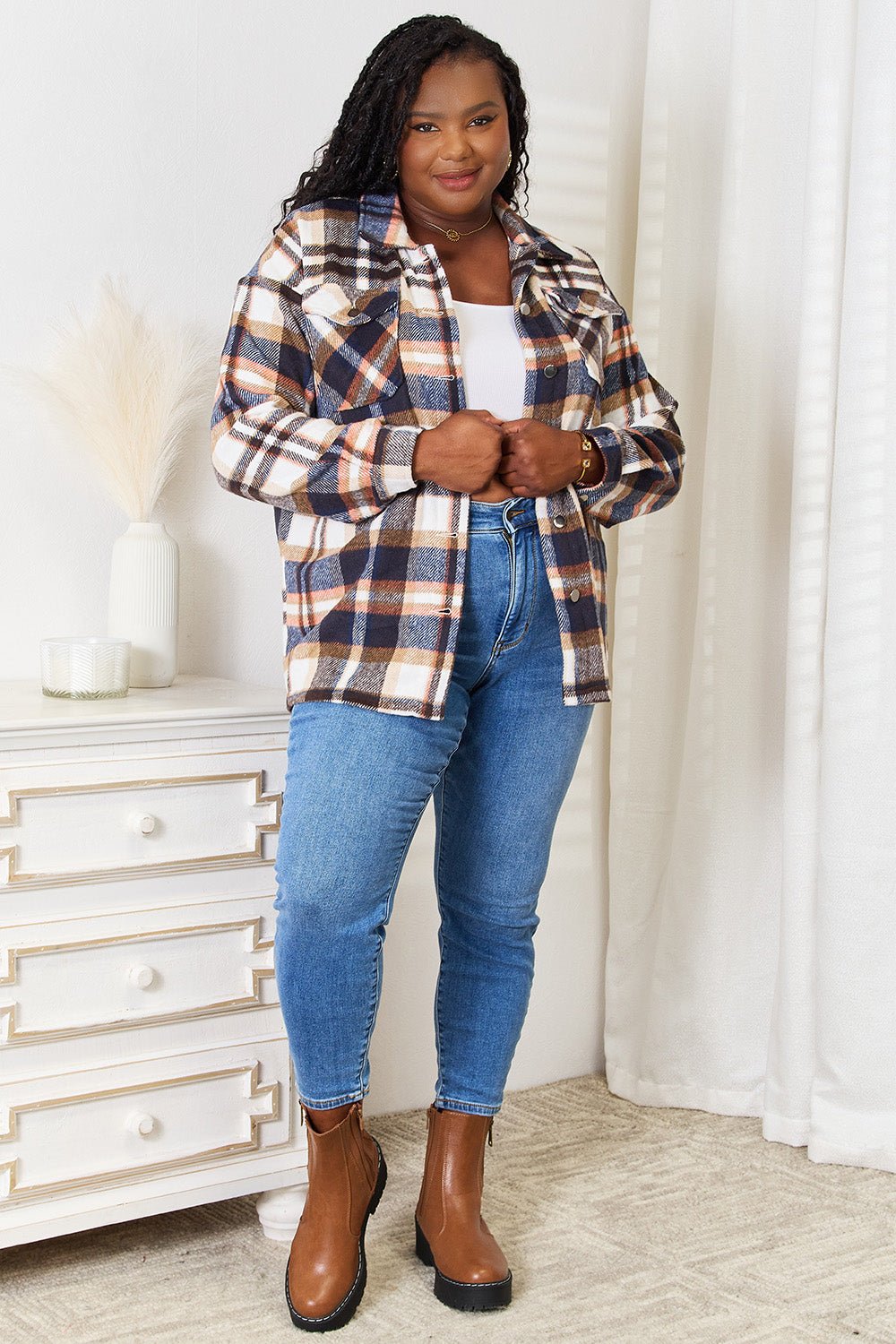 Double Take Plaid Button Front Shirt Jacket with Breast Pockets - Admiresty