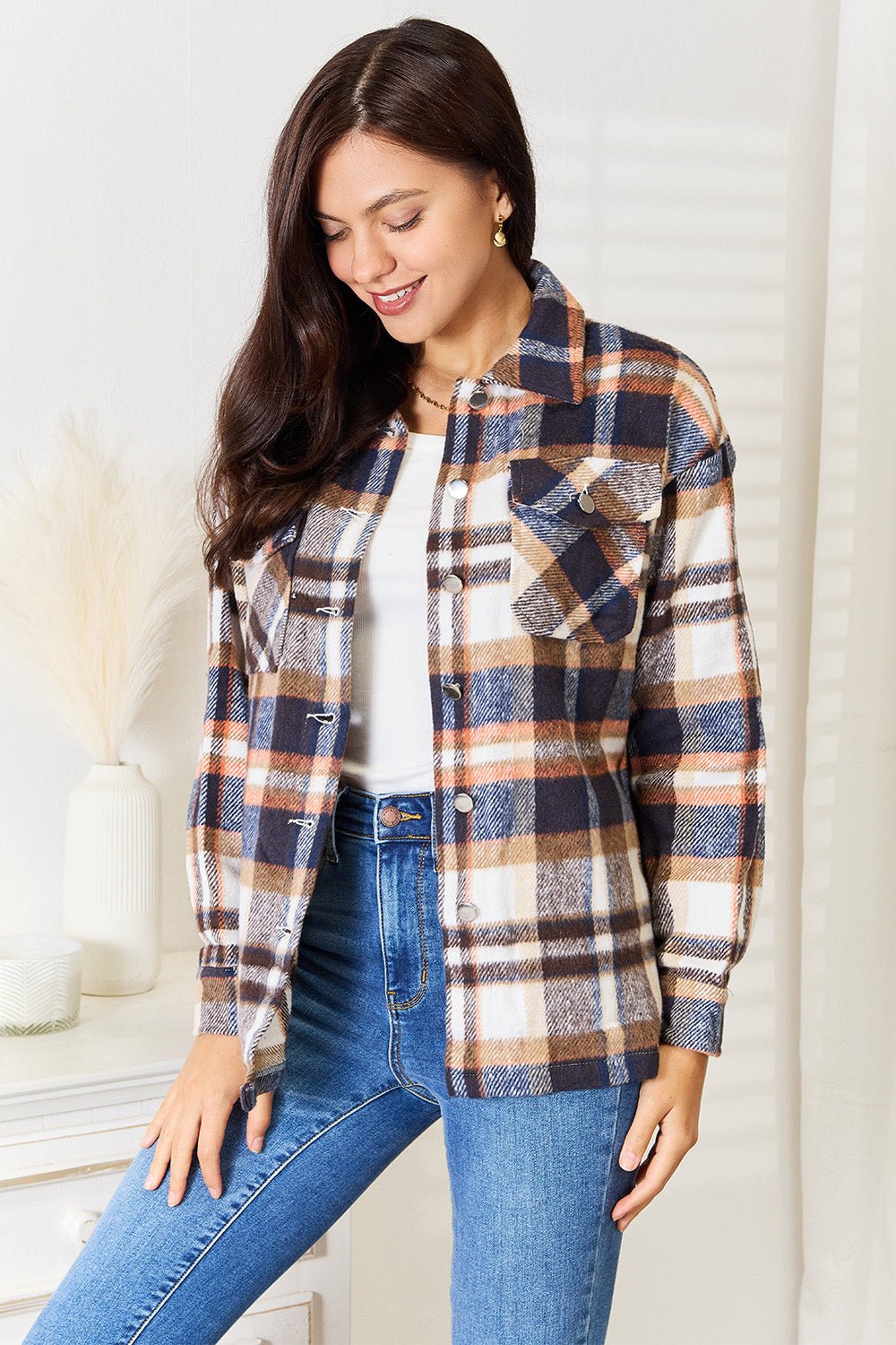 Double Take Plaid Button Front Shirt Jacket with Breast Pockets - Admiresty