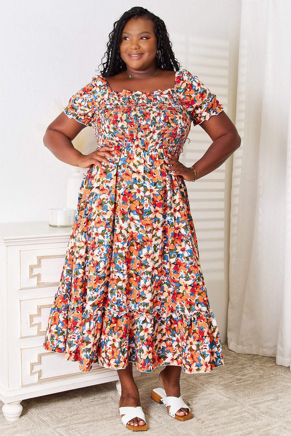 Double Take Plus Size Floral Smocked Square Neck Dress - Admiresty