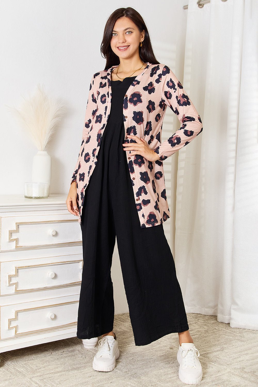 Double Take Printed Button Front Longline Cardigan - Admiresty