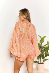 Double Take Printed Flare Sleeve Surplice Romper - Admiresty