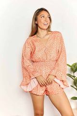 Double Take Printed Flare Sleeve Surplice Romper - Admiresty