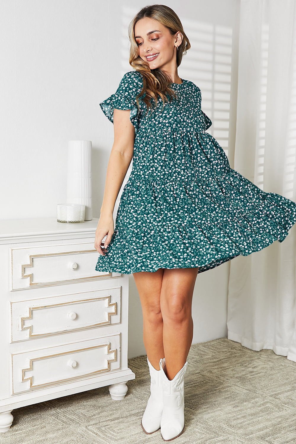 Double Take Short Flounce Sleeve Tiered Dress - Admiresty